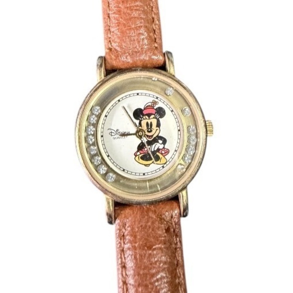 Vintage Disney Minnie Mouse Watch Tan Leather Band Rhinestone Bezel Quartz Gold